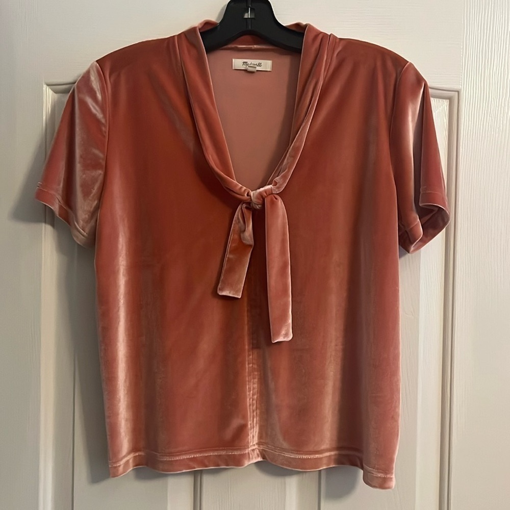 Madewell Velvet Tie-Neck Blouse in Apricot Rose